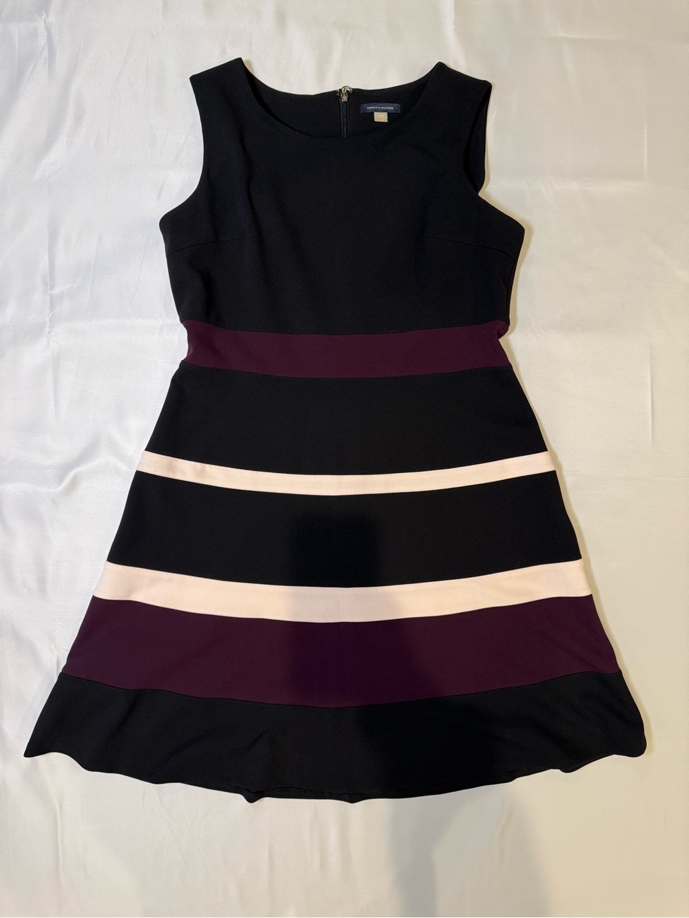 Tommy Hilfiger Sleeveless Black A-Line Dress with Plum and Cream Stripes